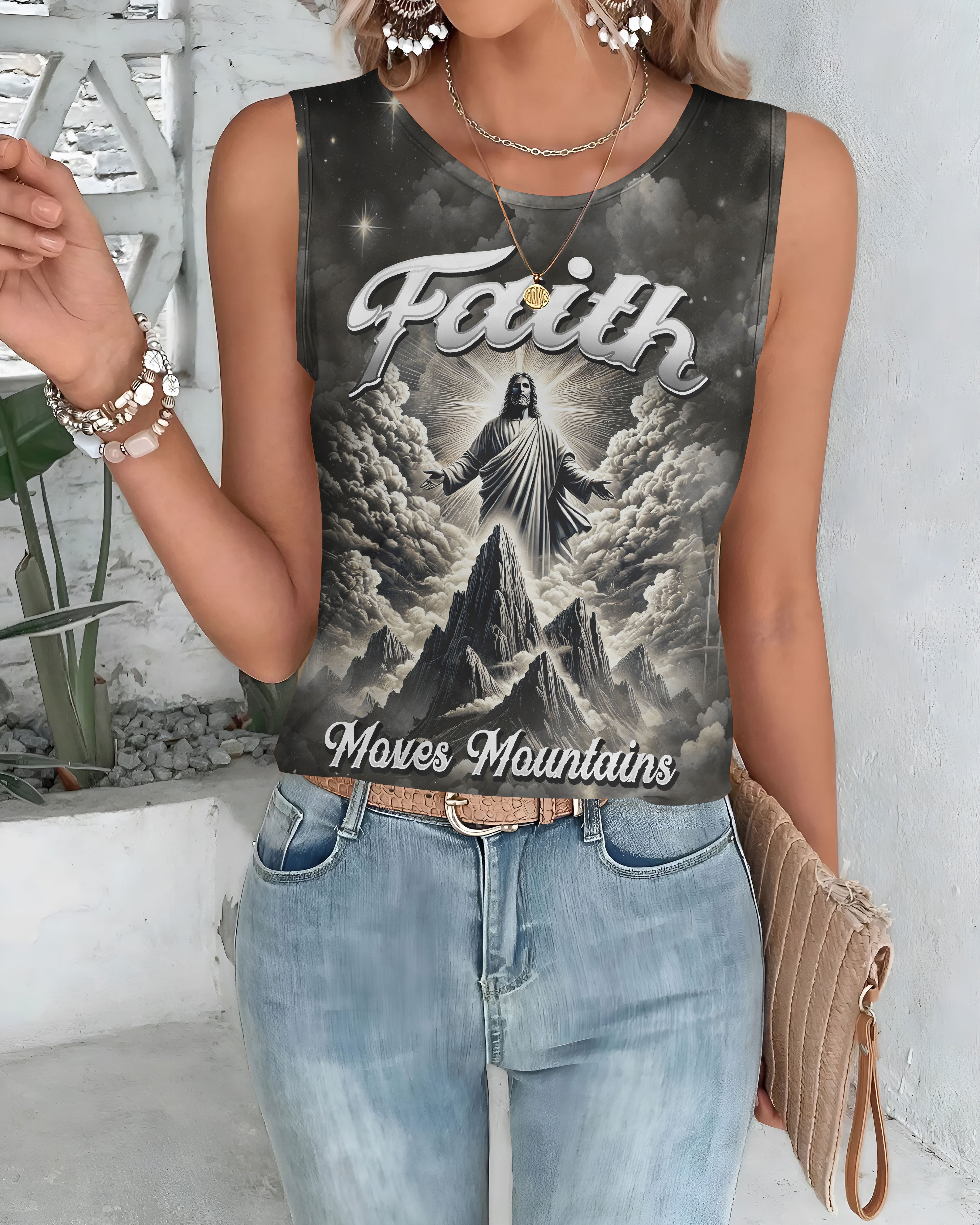 Faith Moves Mountains All Over Print Cut Out Wrap Back Tank Top