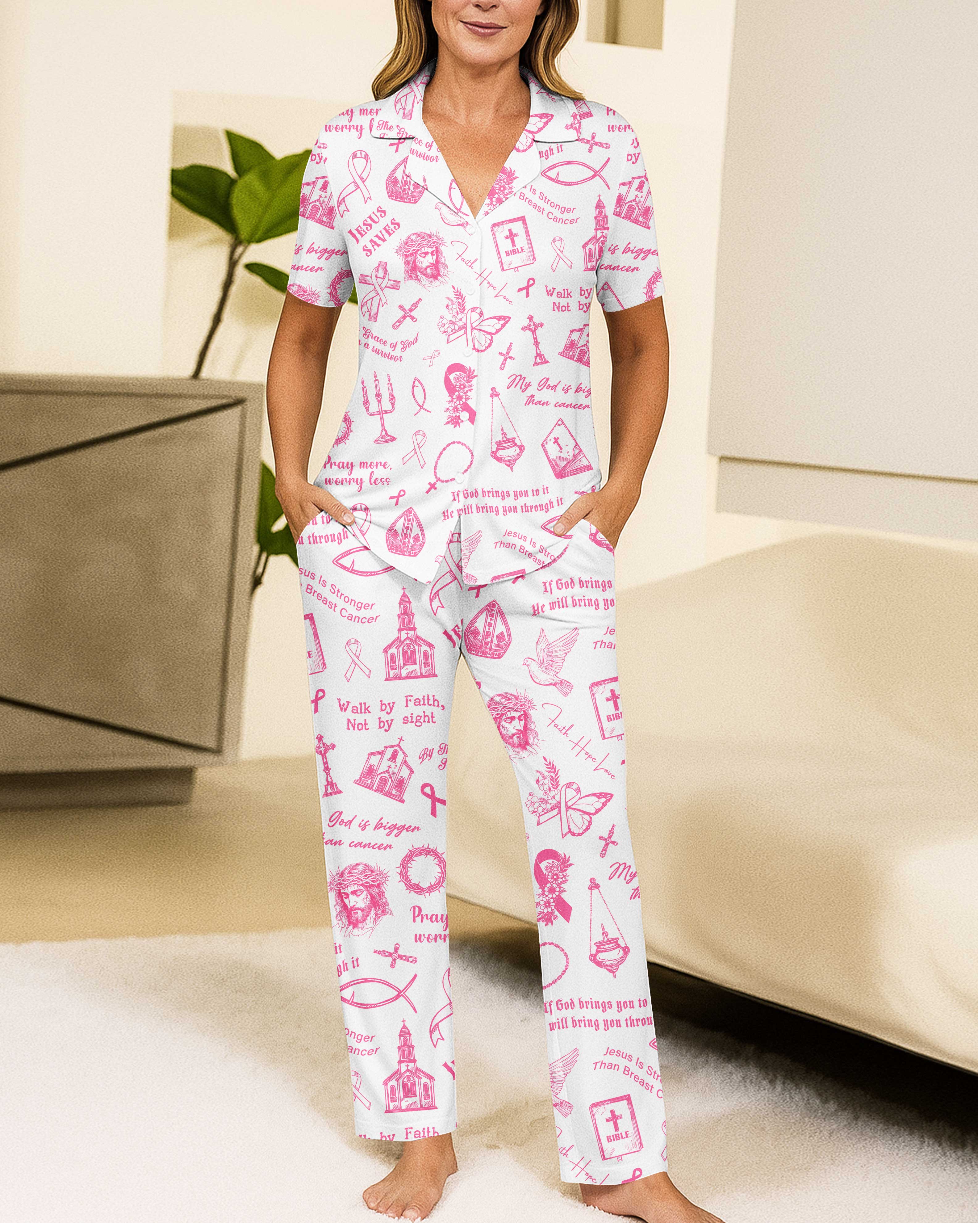 My God Is Bigger Than Cancer Button Pajamas