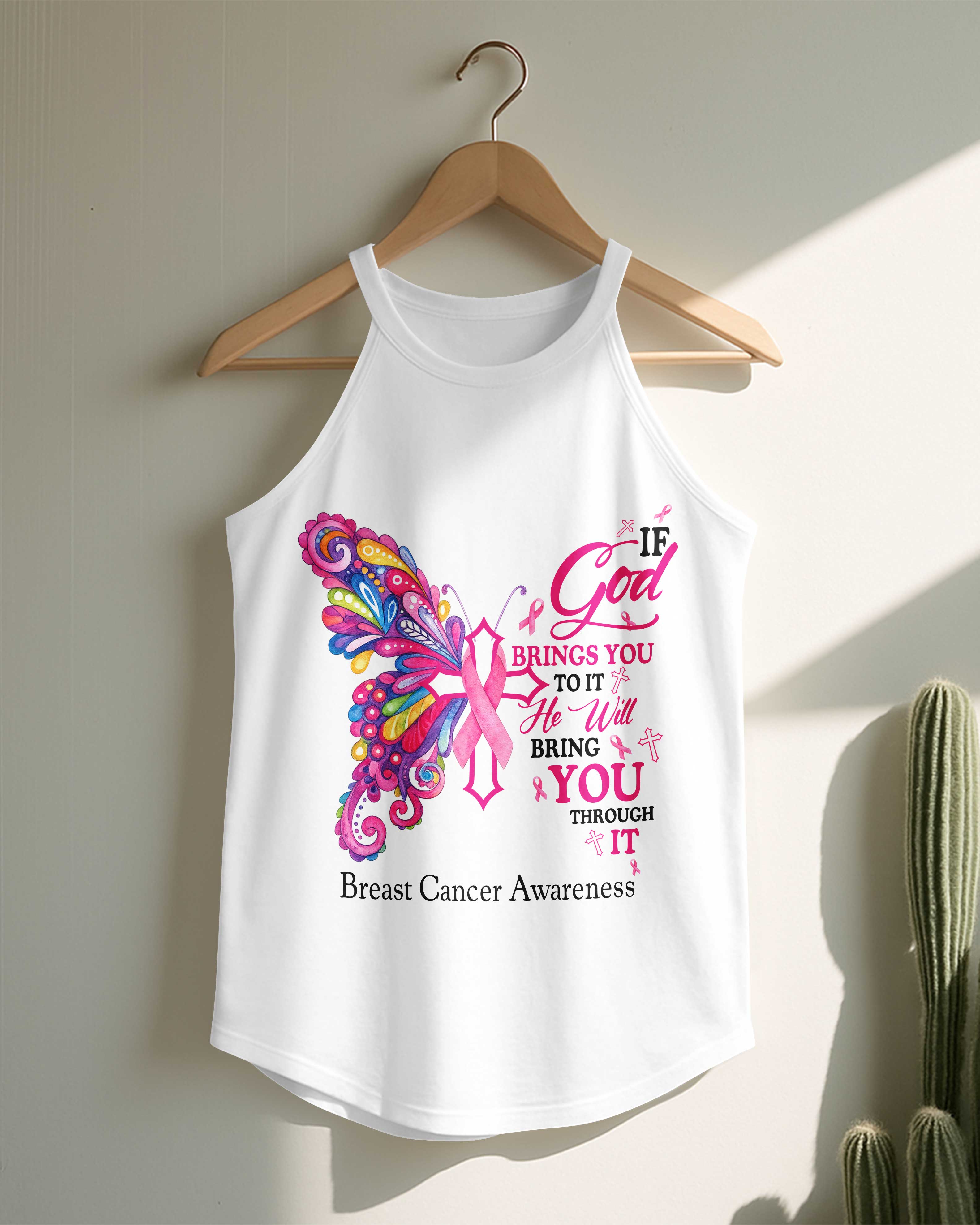 If God Brings You To It He Will Bring You Through It Breast Cancer Awareness Rocker Tank Top