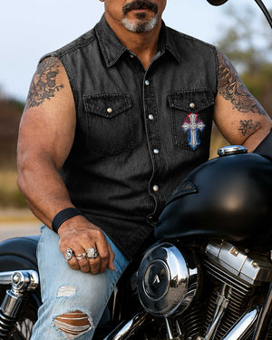 No Chains But Christ Sleevesless Denim Shirt