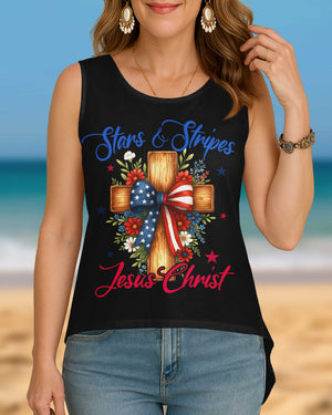 Stars And Stripes Jesus Christ Crop Out Wrap Back Tank Top