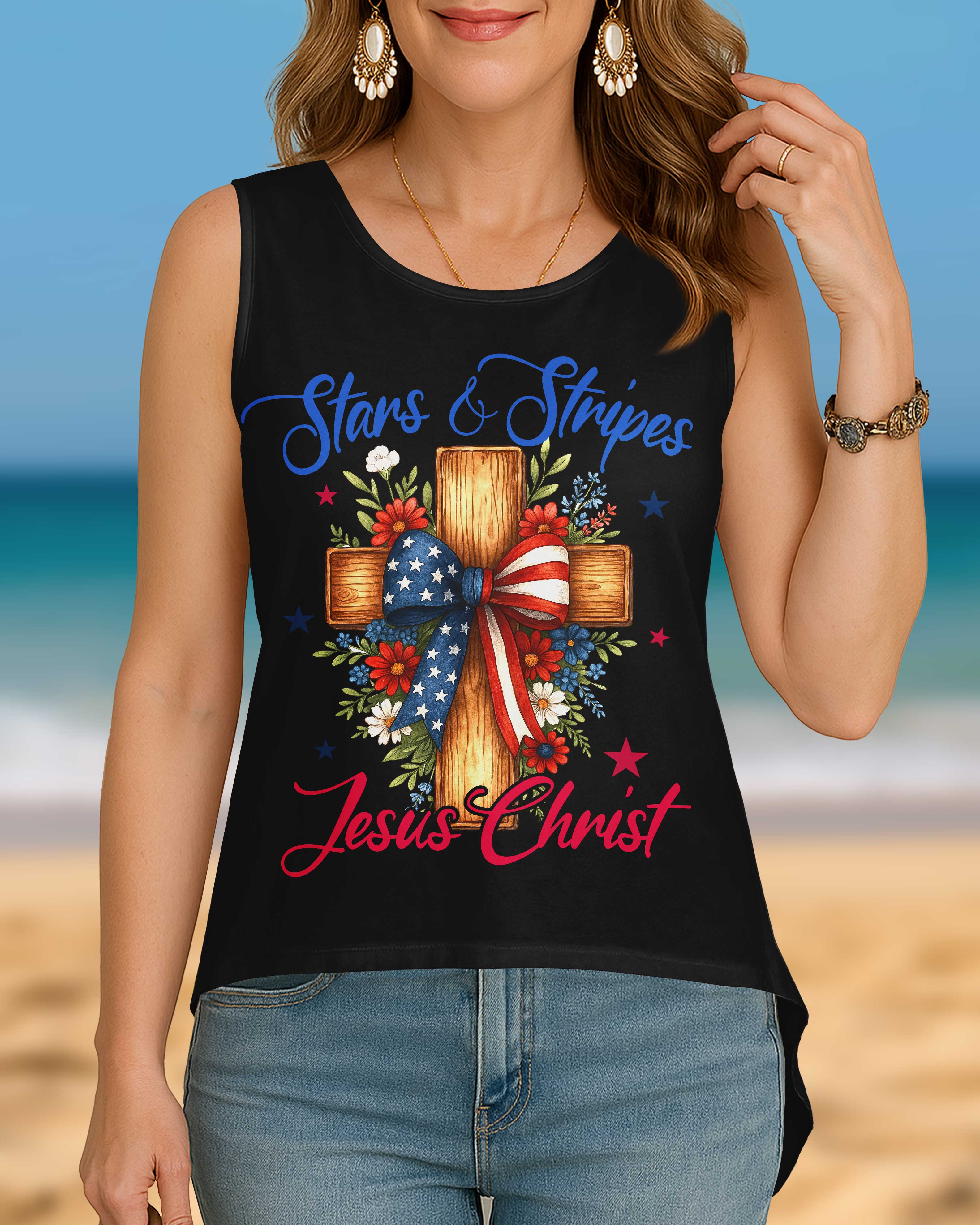 Stars And Stripes Jesus Christ Crop Out Wrap Back Tank Top