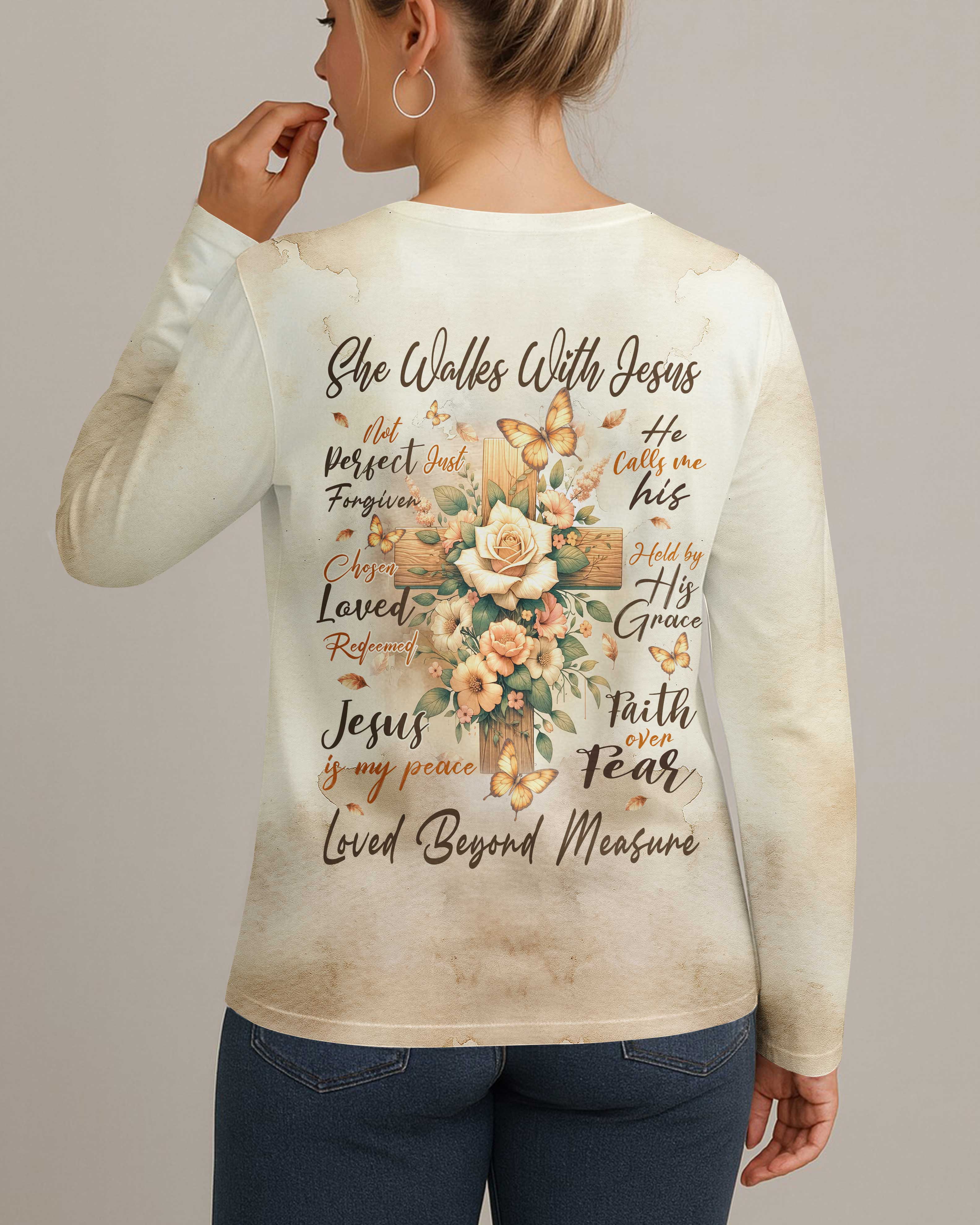She Walks With Jesus All Over Print V-neck Long Sleeves Shirt