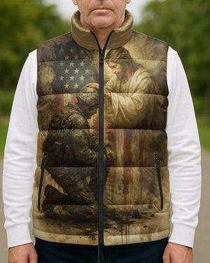 When God's Warriors Go Down On Their Knees The Battle Is Not Over It Has Just Begun All Over Print Sleeveless Puffer Jacket
