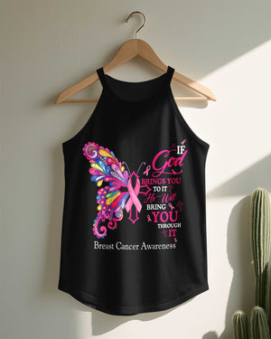If God Brings You To It He Will Bring You Through It Breast Cancer Awareness Rocker Tank Top