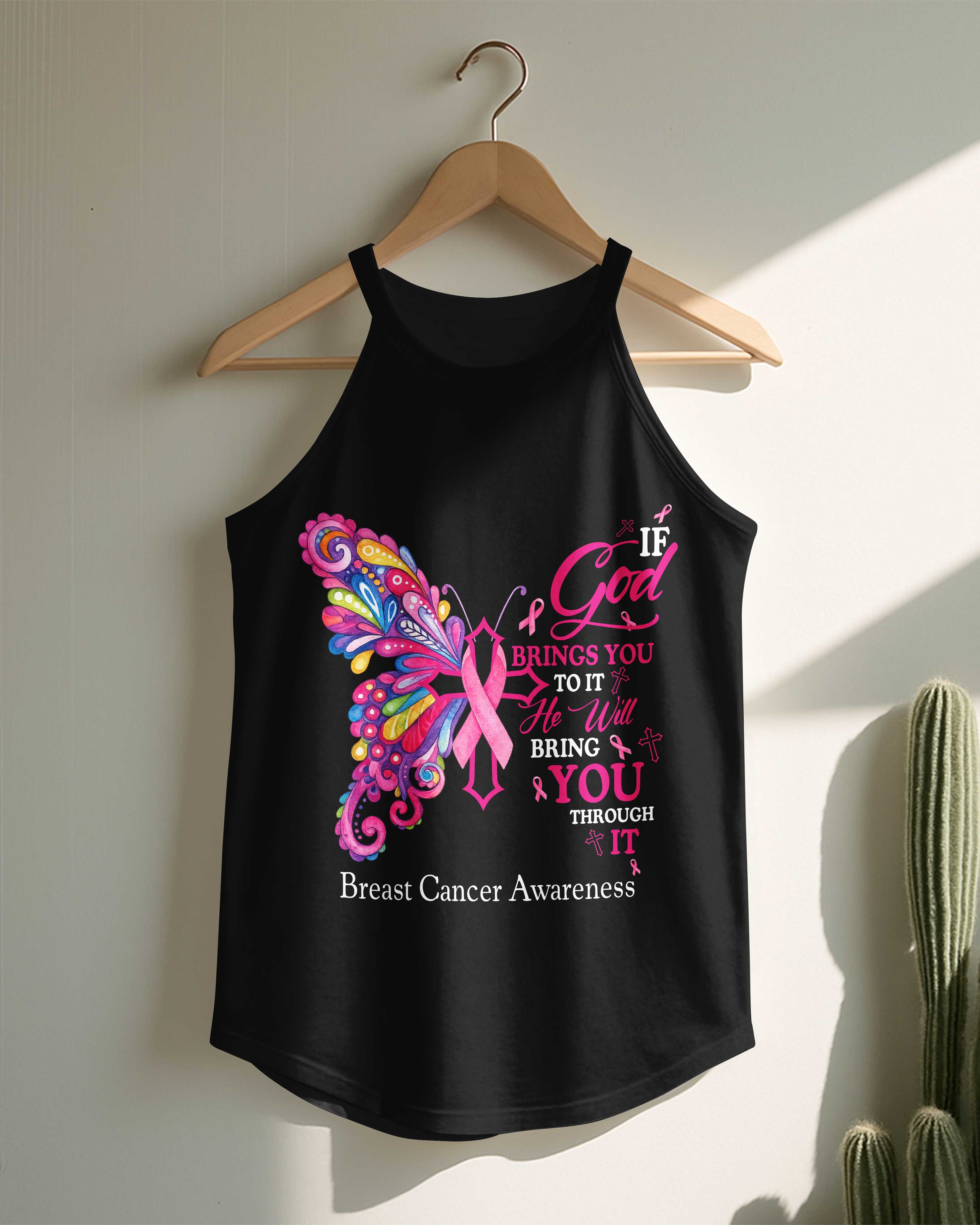 If God Brings You To It He Will Bring You Through It Breast Cancer Awareness Rocker Tank Top