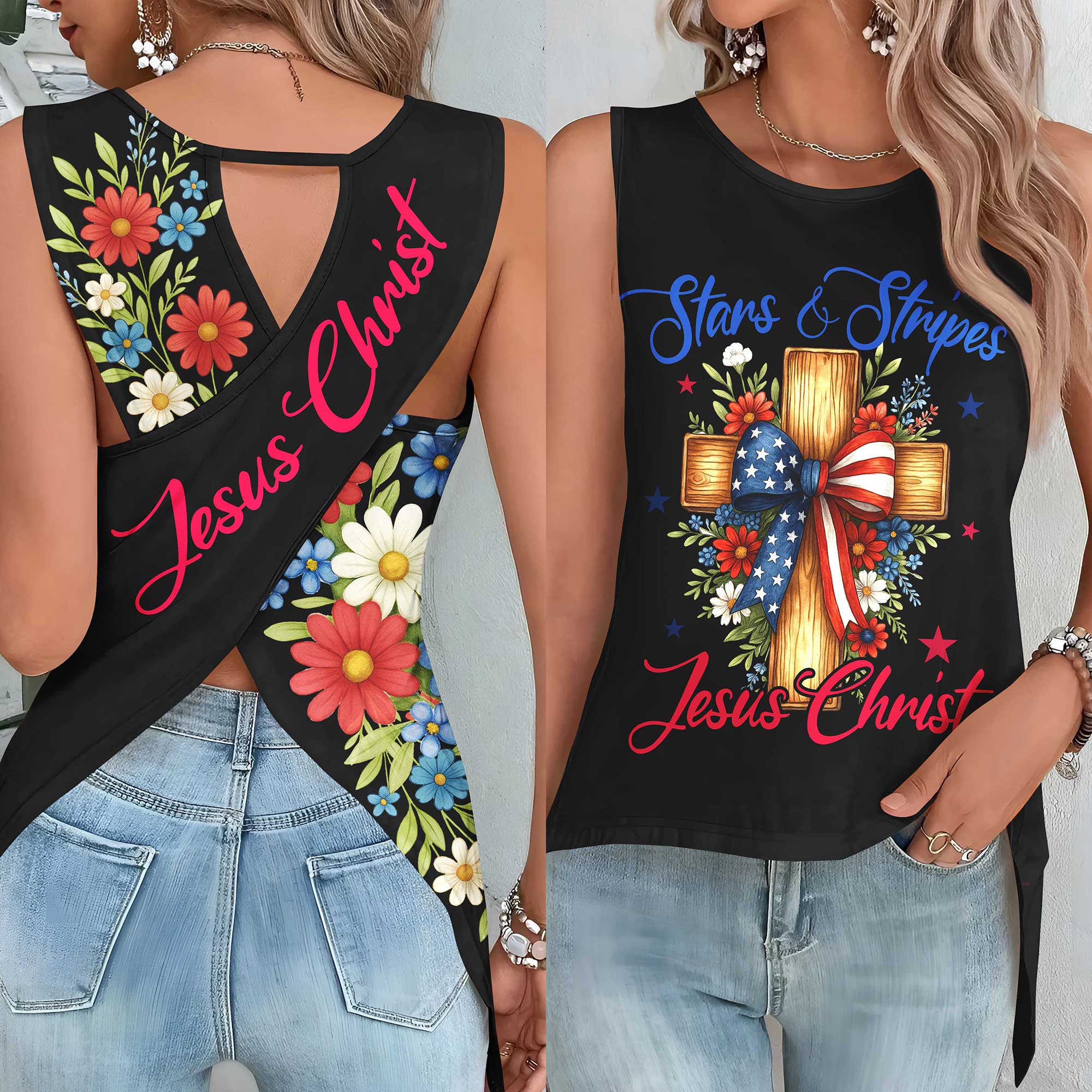 Stars And Stripes Jesus Christ Crop Out Wrap Back Tank Top