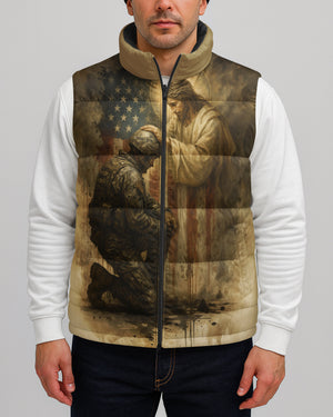 When God's Warriors Go Down On Their Knees The Battle Is Not Over It Has Just Begun All Over Print Sleeveless Puffer Jacket