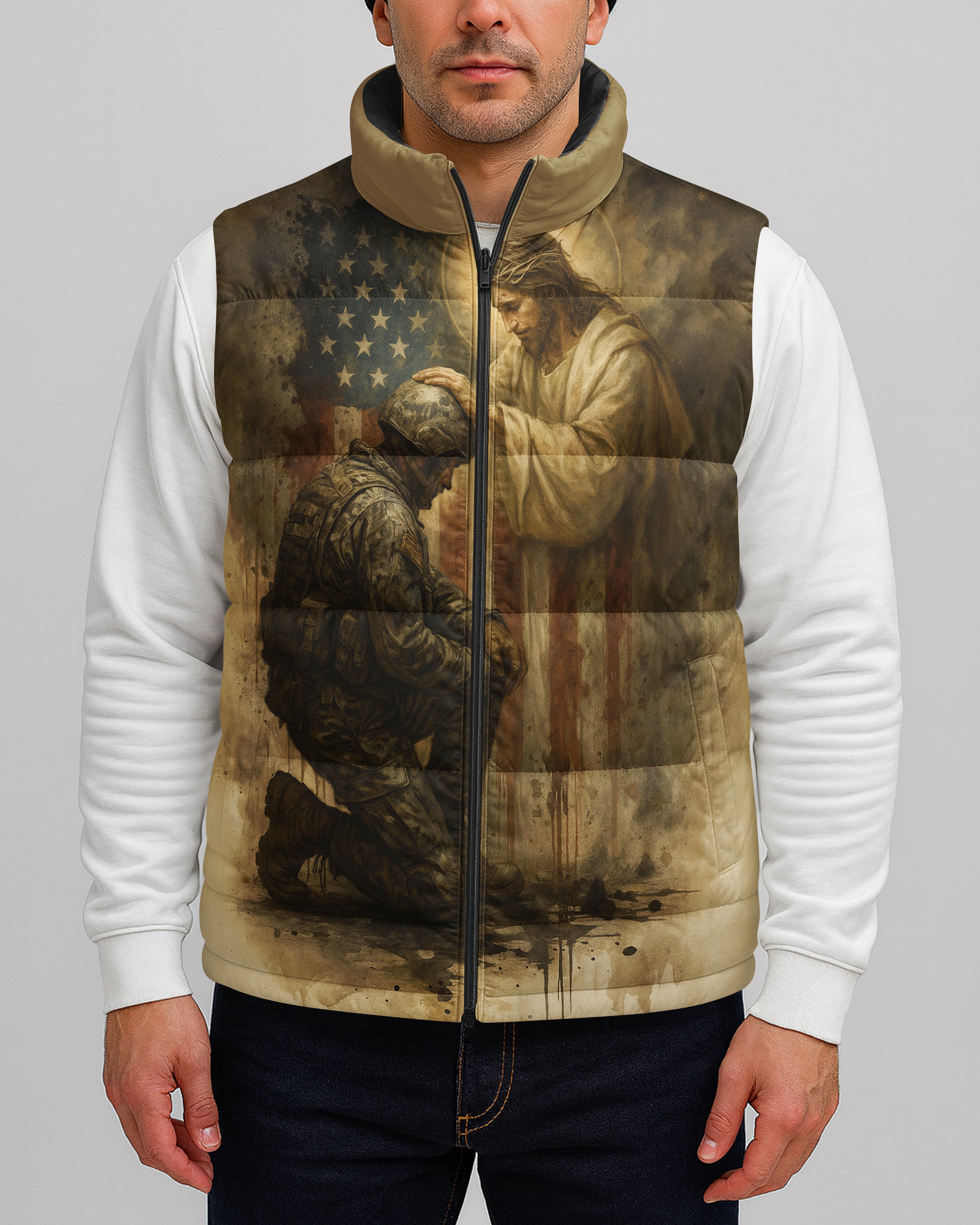 When God's Warriors Go Down On Their Knees The Battle Is Not Over It Has Just Begun All Over Print Sleeveless Puffer Jacket