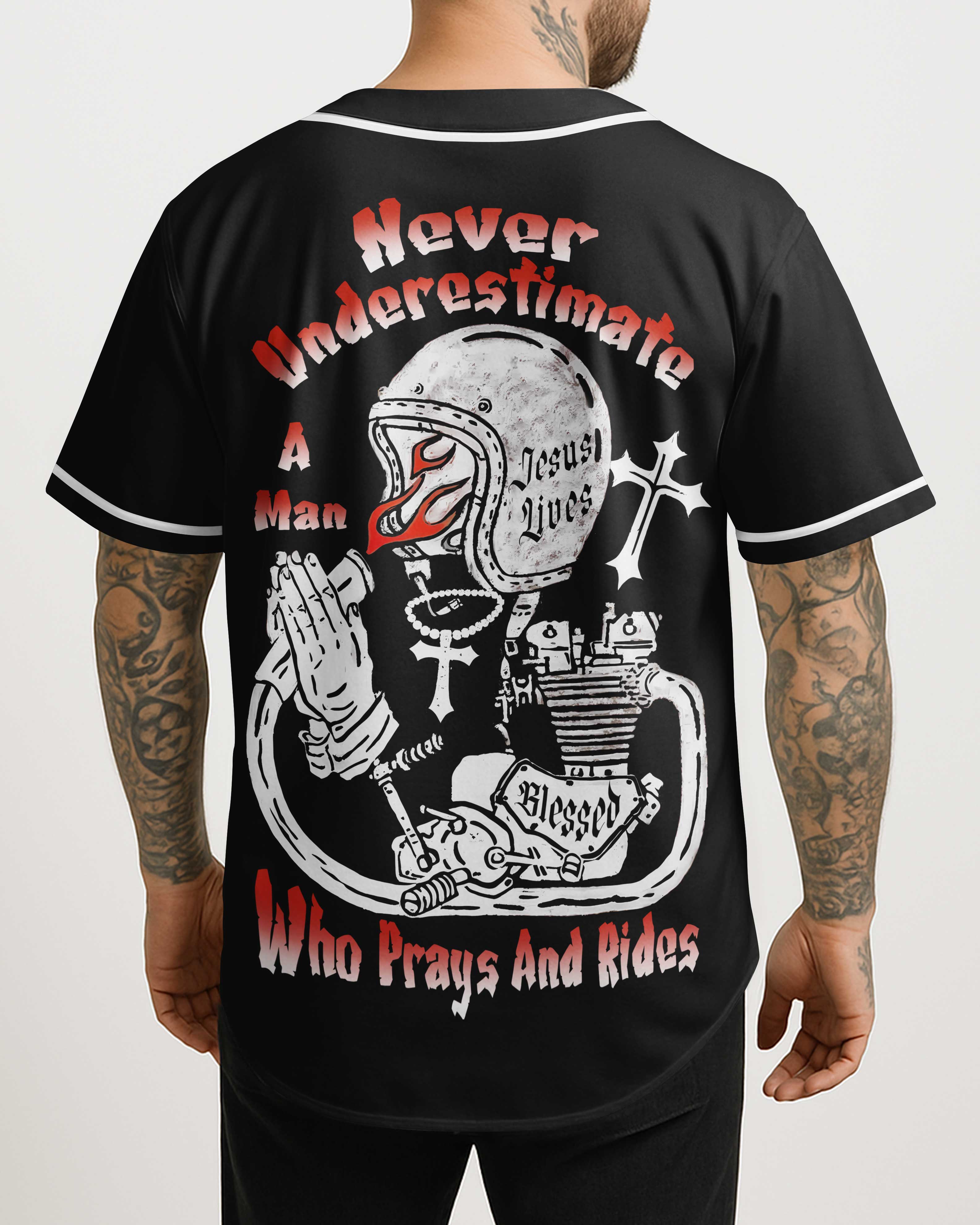 Never Underestimate A Man Who Prays And Rides All Over Print Jersey
