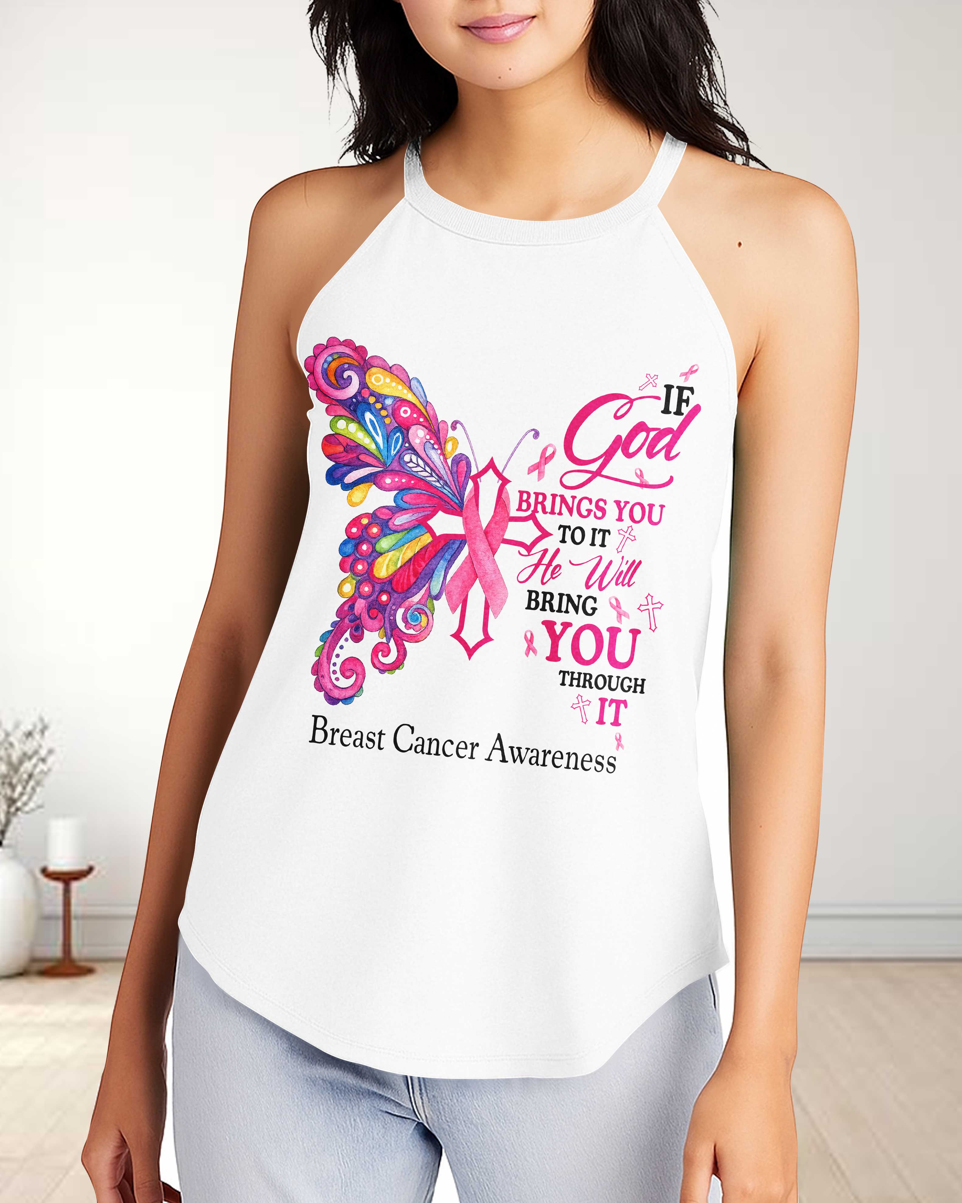 If God Brings You To It He Will Bring You Through It Breast Cancer Awareness Rocker Tank Top