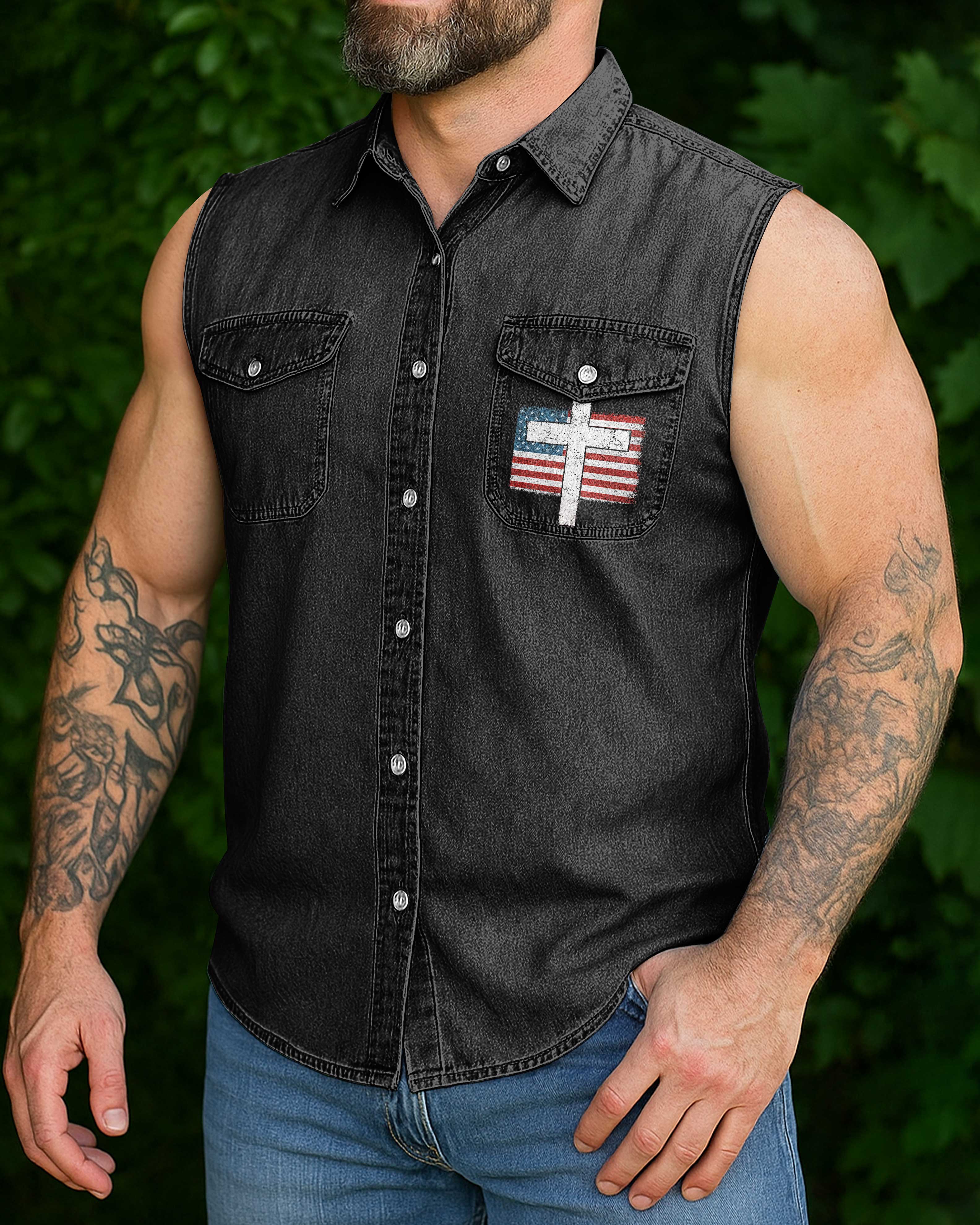 Sworn To The Savior  Sleevesless Denim Shirt
