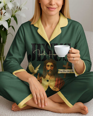 Jesus Faith Hope Pray More Worry Less Lightweight Button Pajamas