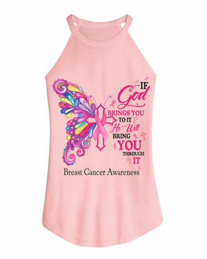 If God Brings You To It He Will Bring You Through It Breast Cancer Awareness Rocker Tank Top