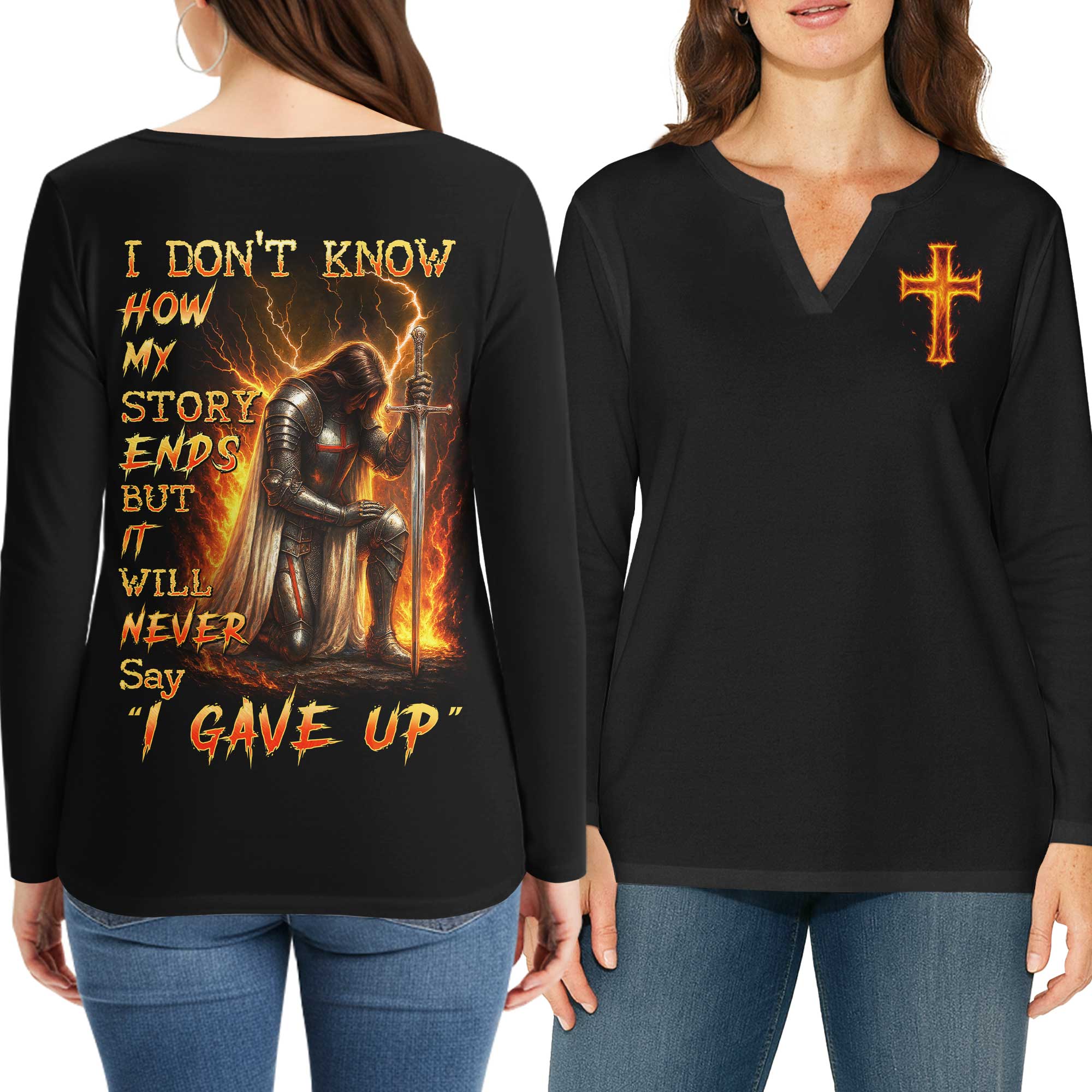 I Don't Know How My Story Ends But It Will Never Say I Gave Up All Over Print V-neck Long Sleeves Shirt
