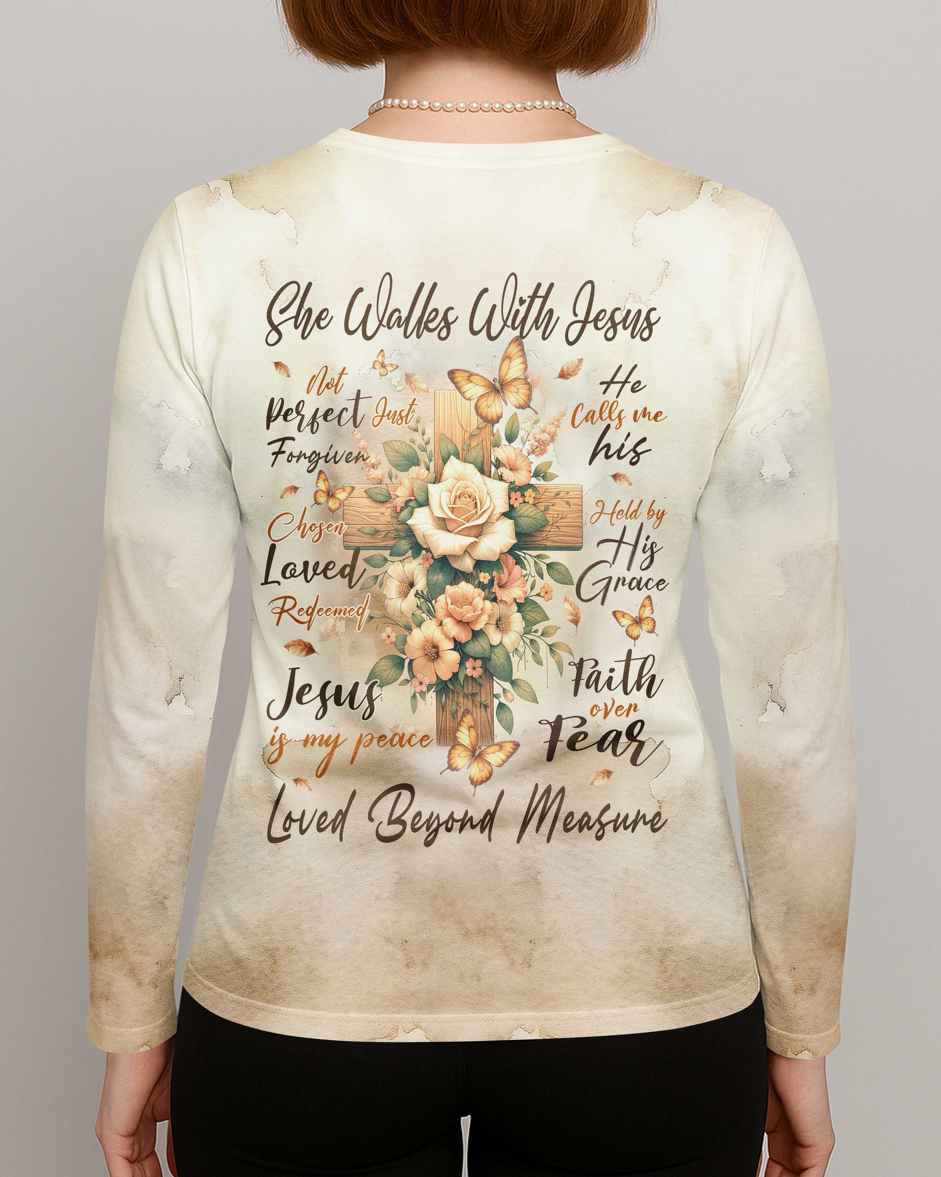 She Walks With Jesus All Over Print V-neck Long Sleeves Shirt