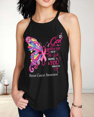 If God Brings You To It He Will Bring You Through It Breast Cancer Awareness Rocker Tank Top