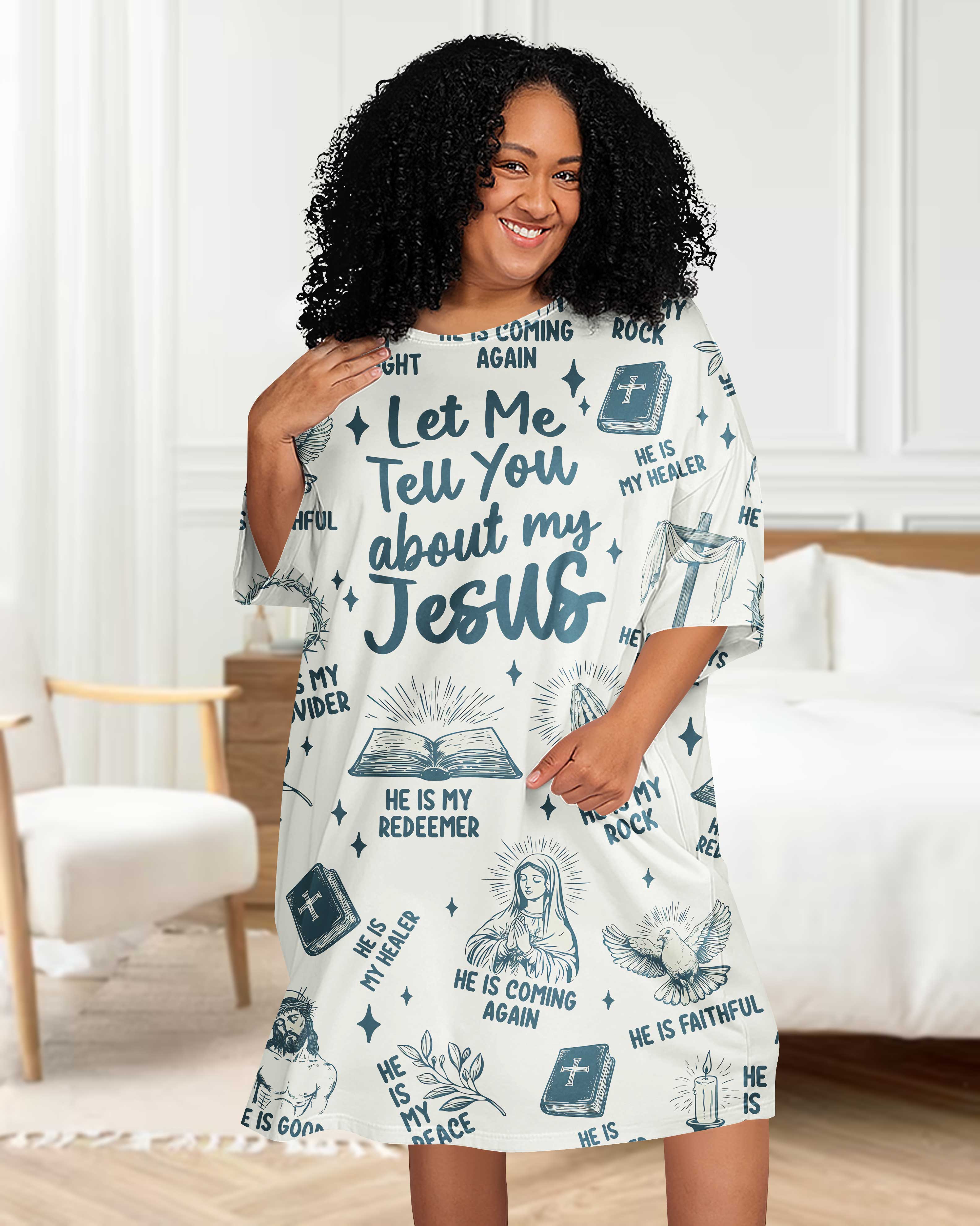Let Me Tell You About My Jesus All Over Print Sleep Tee