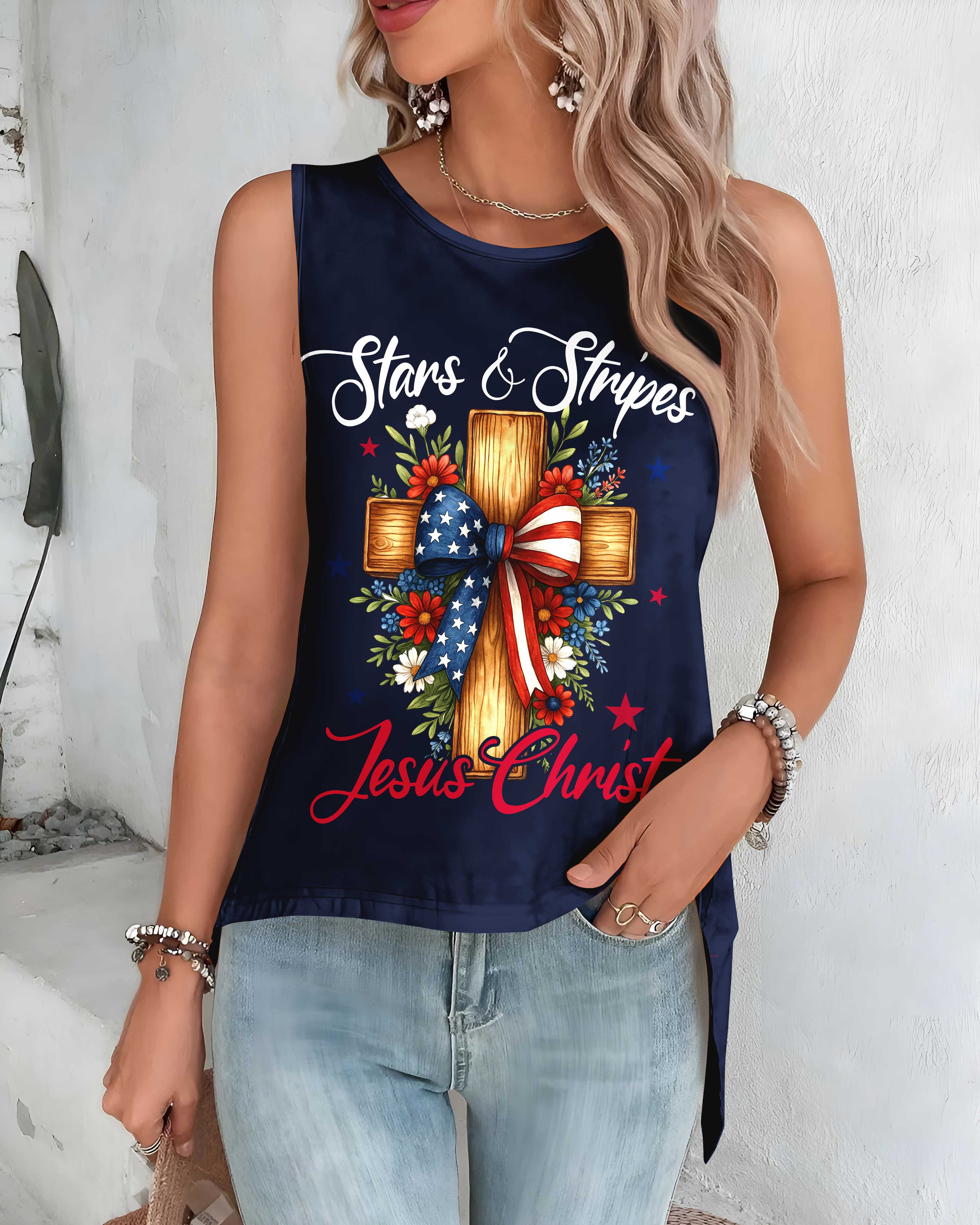 Stars And Stripes Jesus Christ Crop Out Wrap Back Tank Top