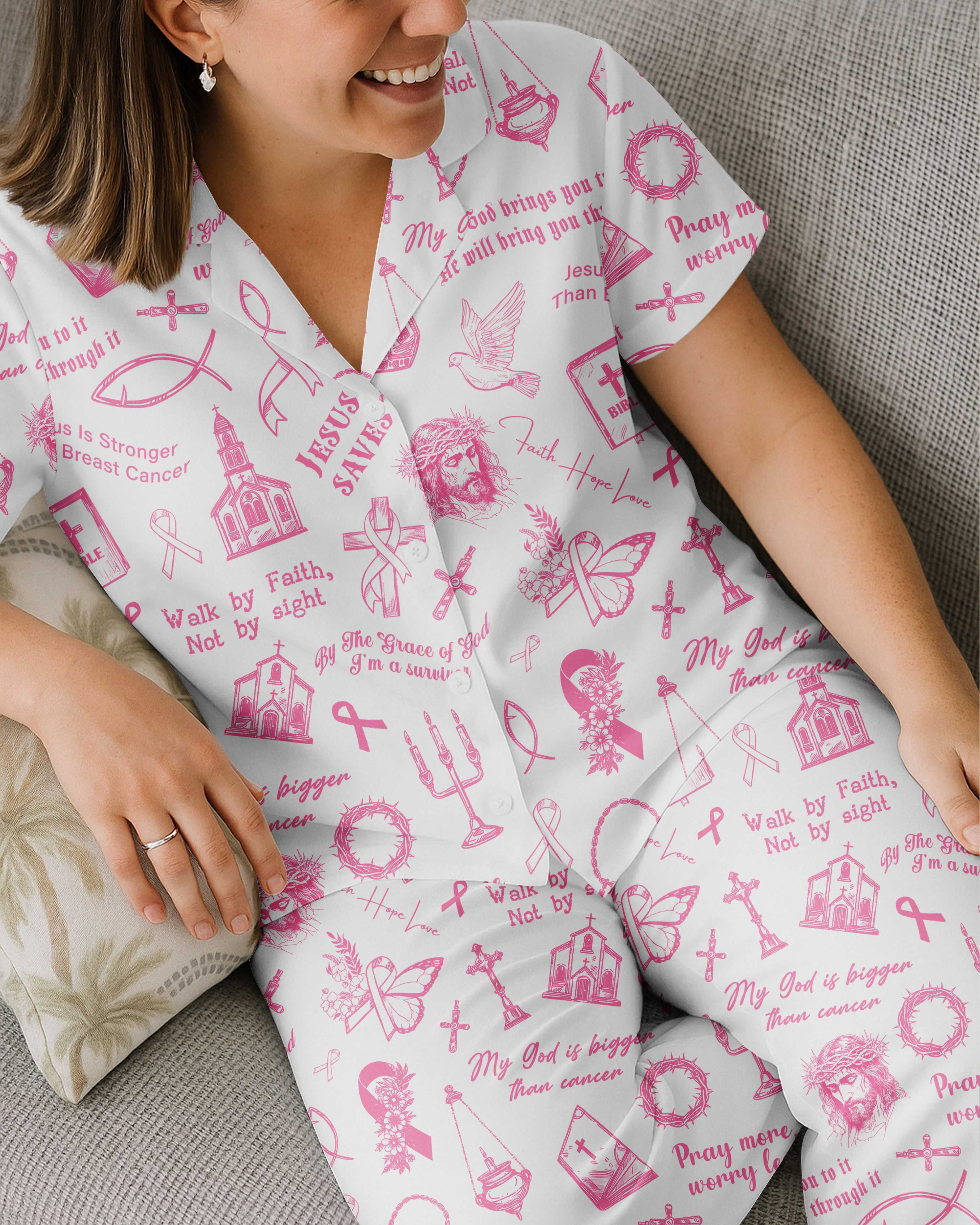 My God Is Bigger Than Cancer Button Pajamas