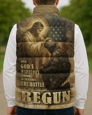 When God's Warriors Go Down On Their Knees The Battle Is Not Over It Has Just Begun All Over Print Sleeveless Puffer Jacket