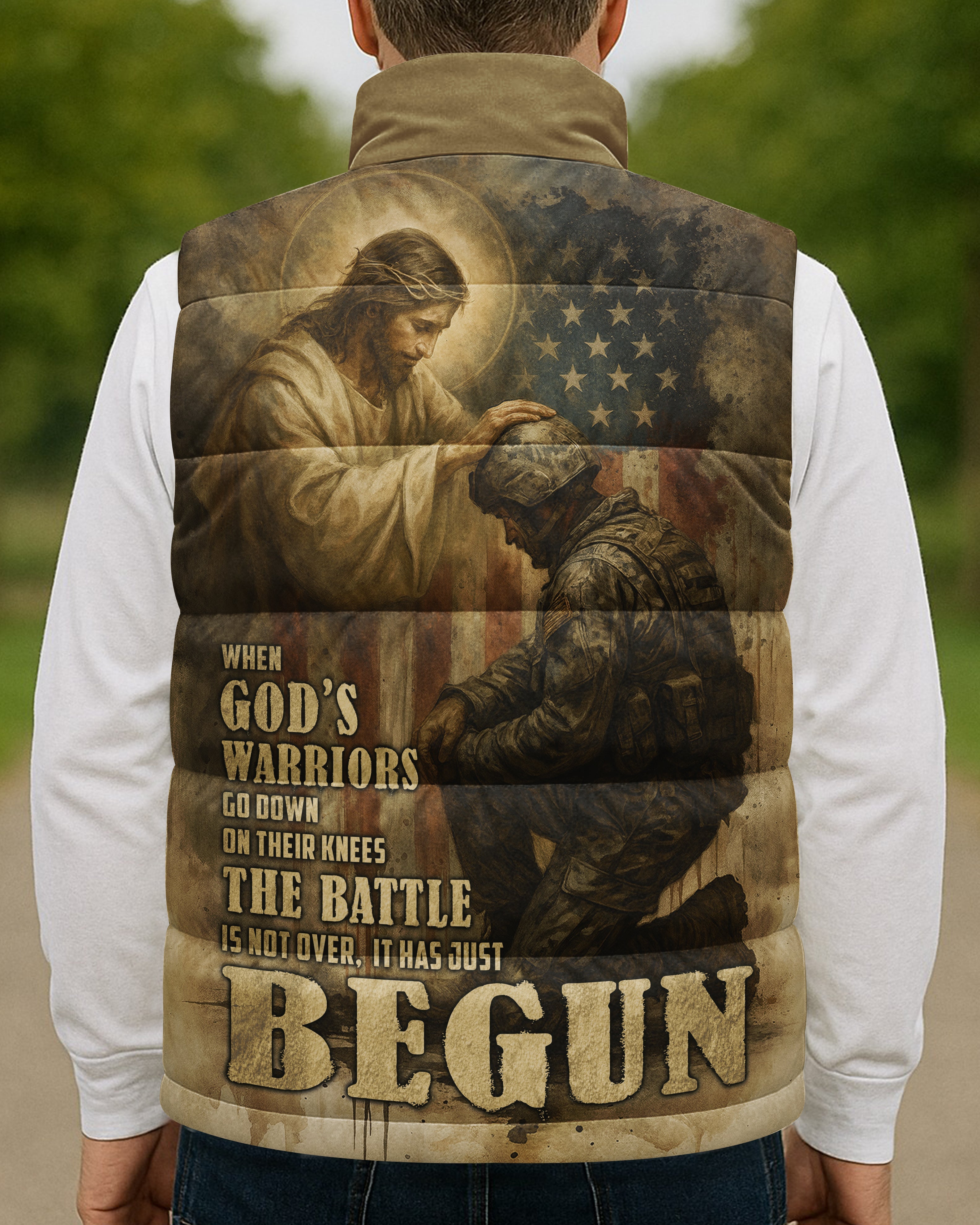 When God's Warriors Go Down On Their Knees The Battle Is Not Over It Has Just Begun All Over Print Sleeveless Puffer Jacket
