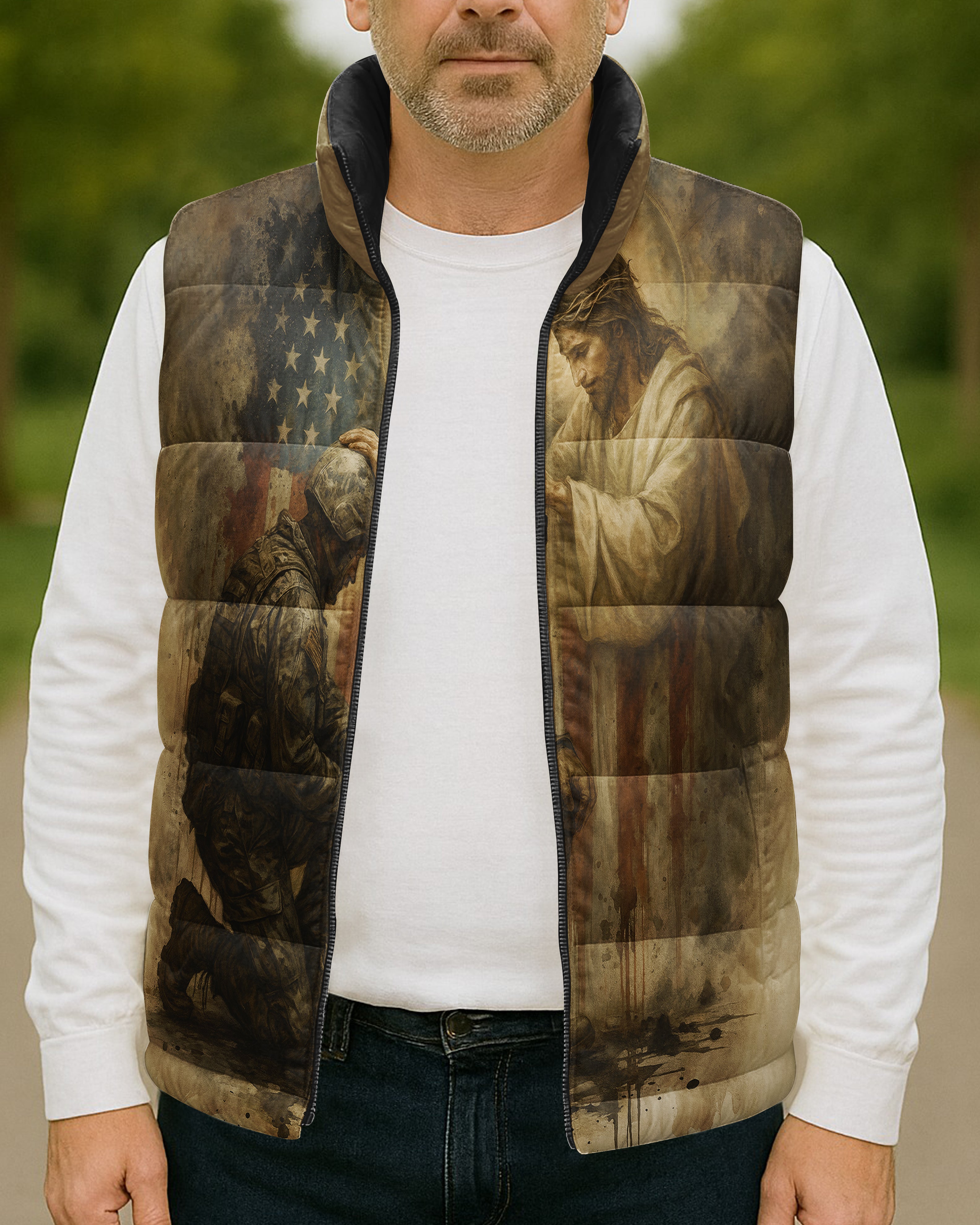 When God's Warriors Go Down On Their Knees The Battle Is Not Over It Has Just Begun All Over Print Sleeveless Puffer Jacket