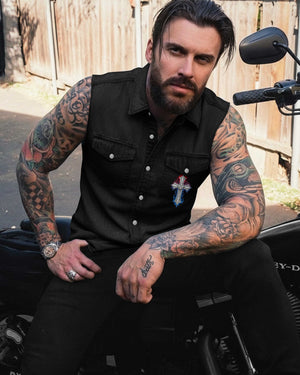 No Chains But Christ Sleevesless Denim Shirt