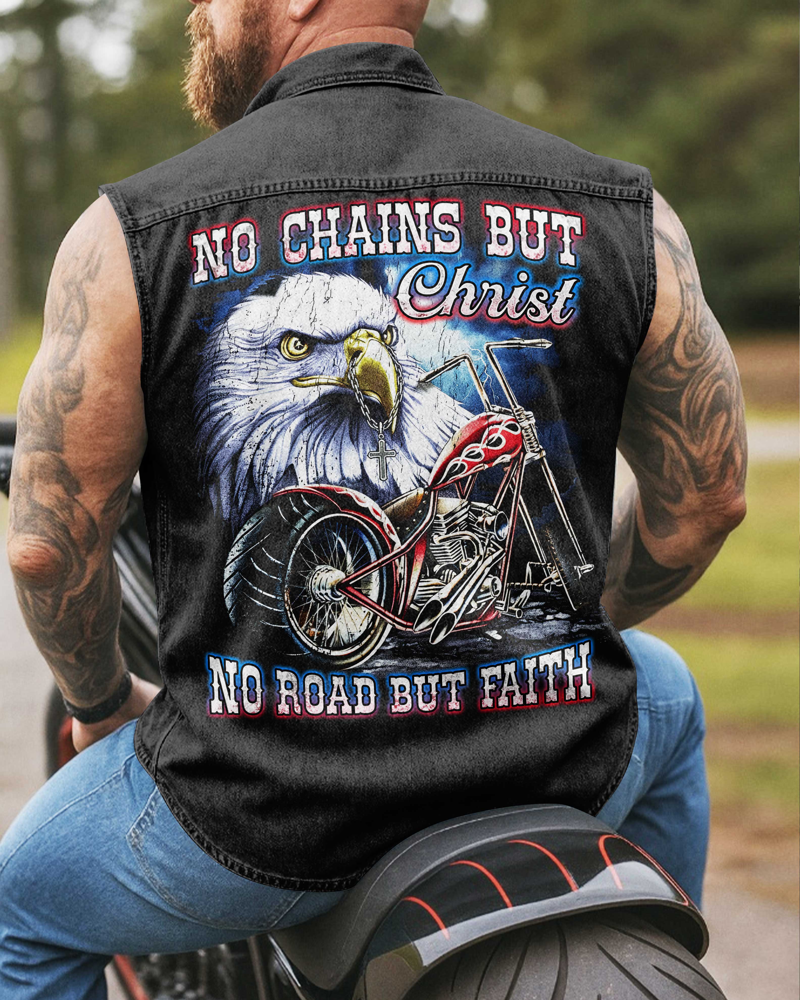 No Chains But Christ Sleevesless Denim Shirt