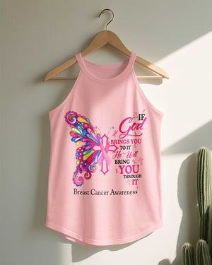 If God Brings You To It He Will Bring You Through It Breast Cancer Awareness Rocker Tank Top