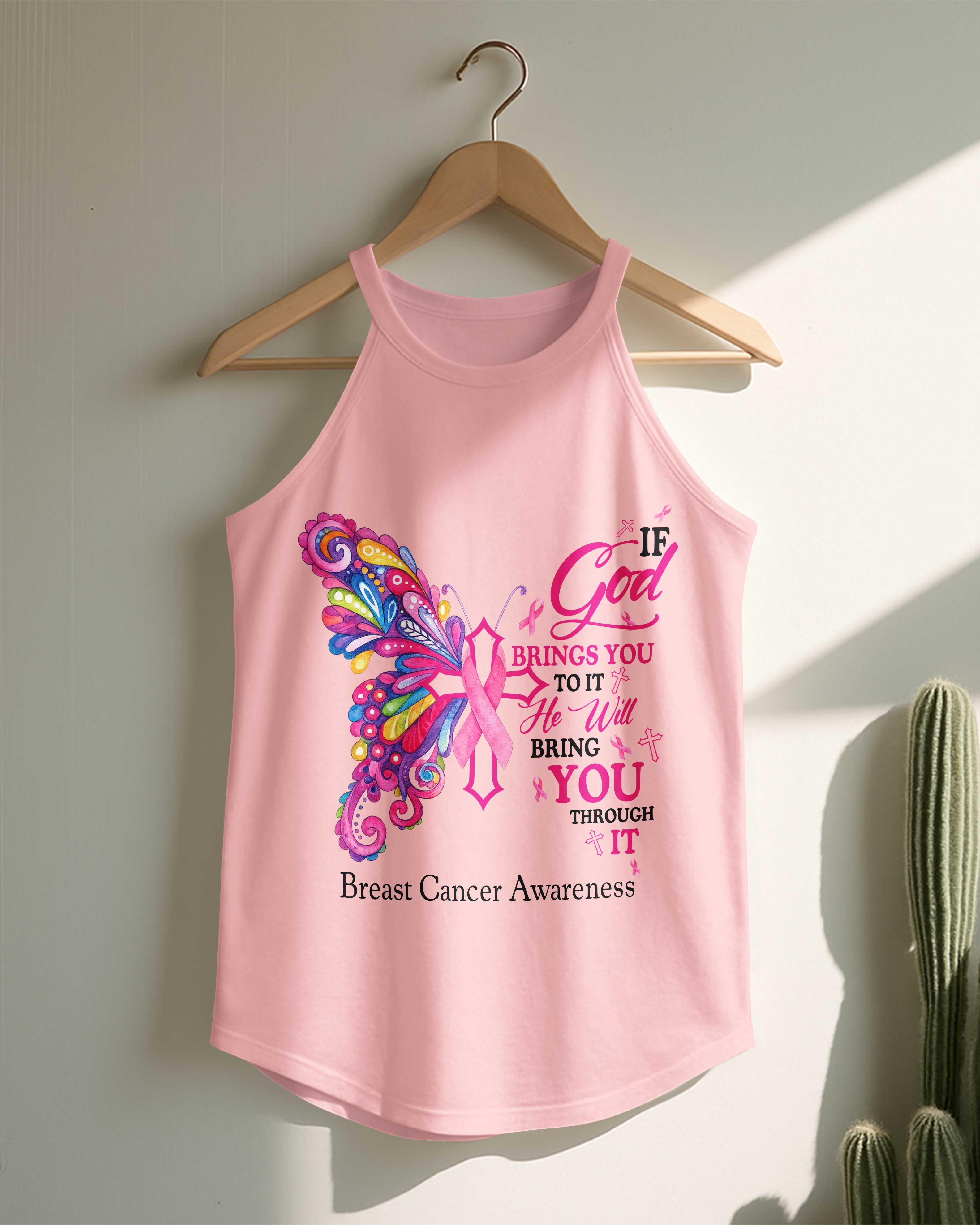 If God Brings You To It He Will Bring You Through It Breast Cancer Awareness Rocker Tank Top