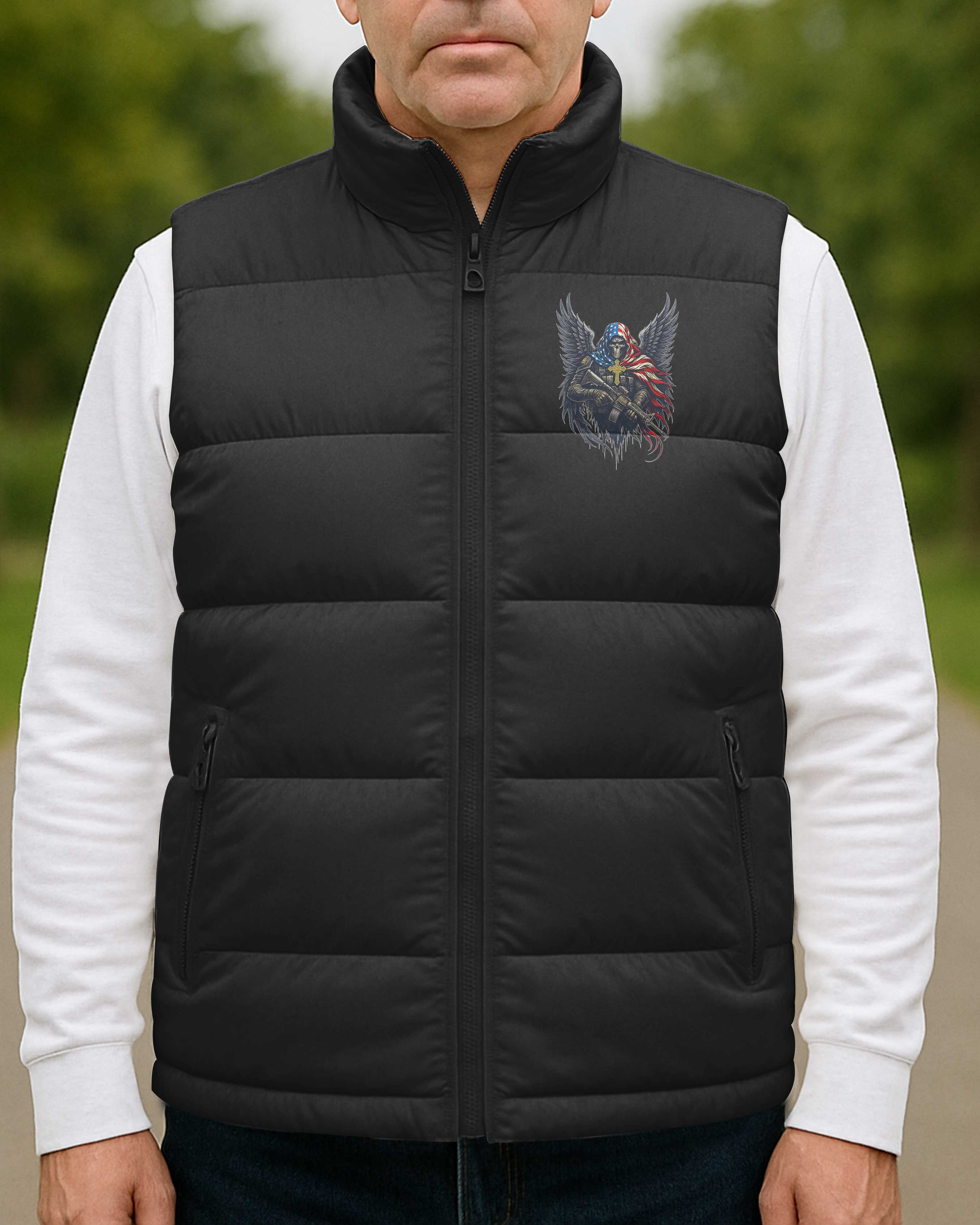 Though I Walk Through The Valley I Will Fear No Evil All Over Print Sleeveless Puffer Jacket