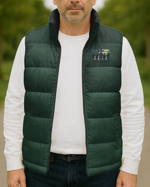 Behind Every Strong Veteran There Is An Even Stronger Family Who Stands By Them Supports And Prays For Them And God Who Strengthens Them All Over Print Sleeveless Puffer Jacket