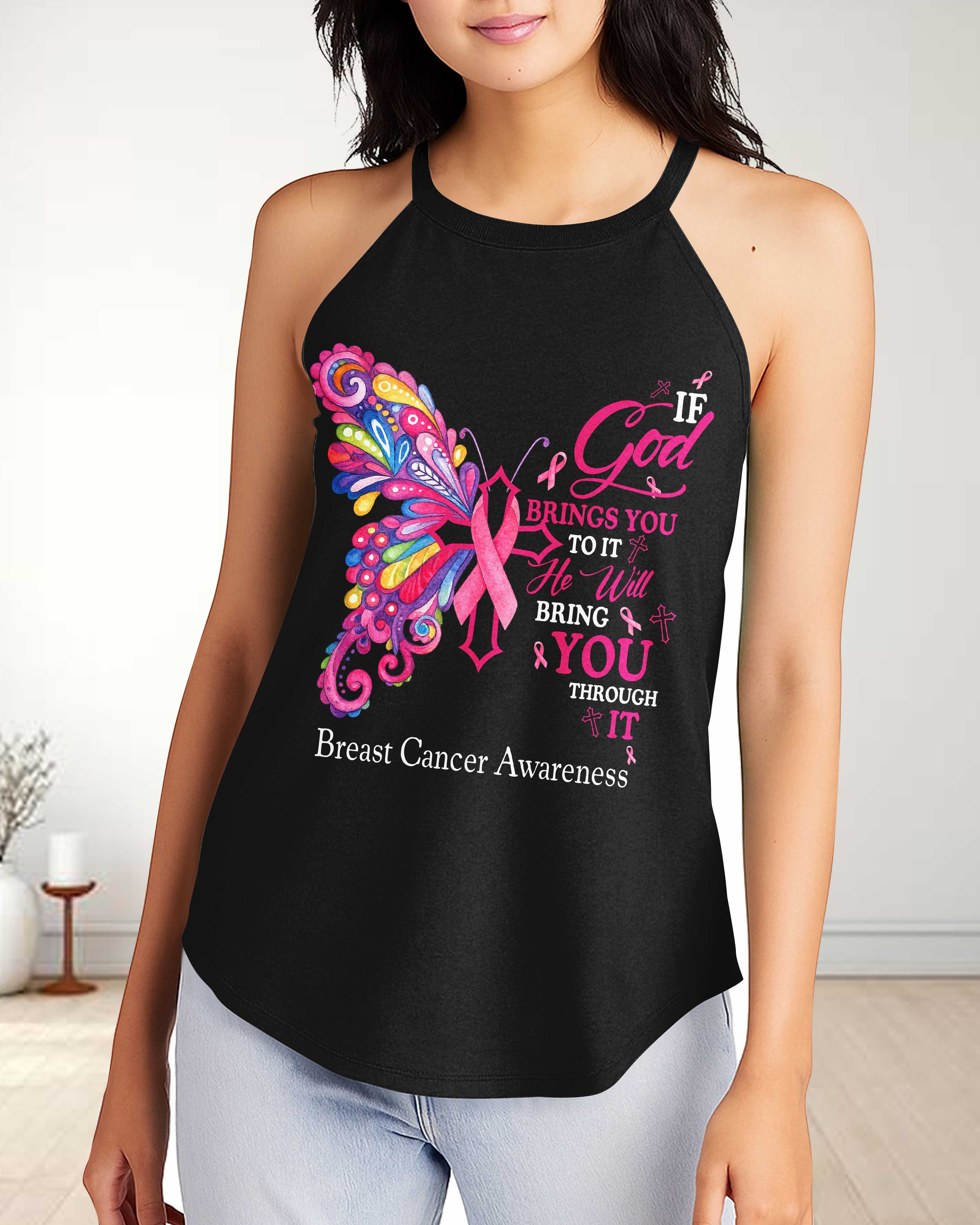 If God Brings You To It He Will Bring You Through It Breast Cancer Awareness Rocker Tank Top